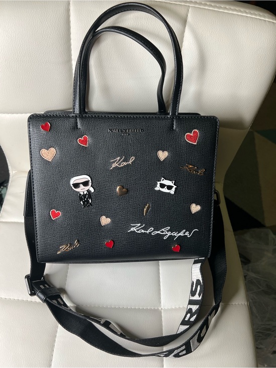 Karl Lagerfeld Handbags - Karl Lagerfeld Black Satchel with Red and Gold Heart Embellishments